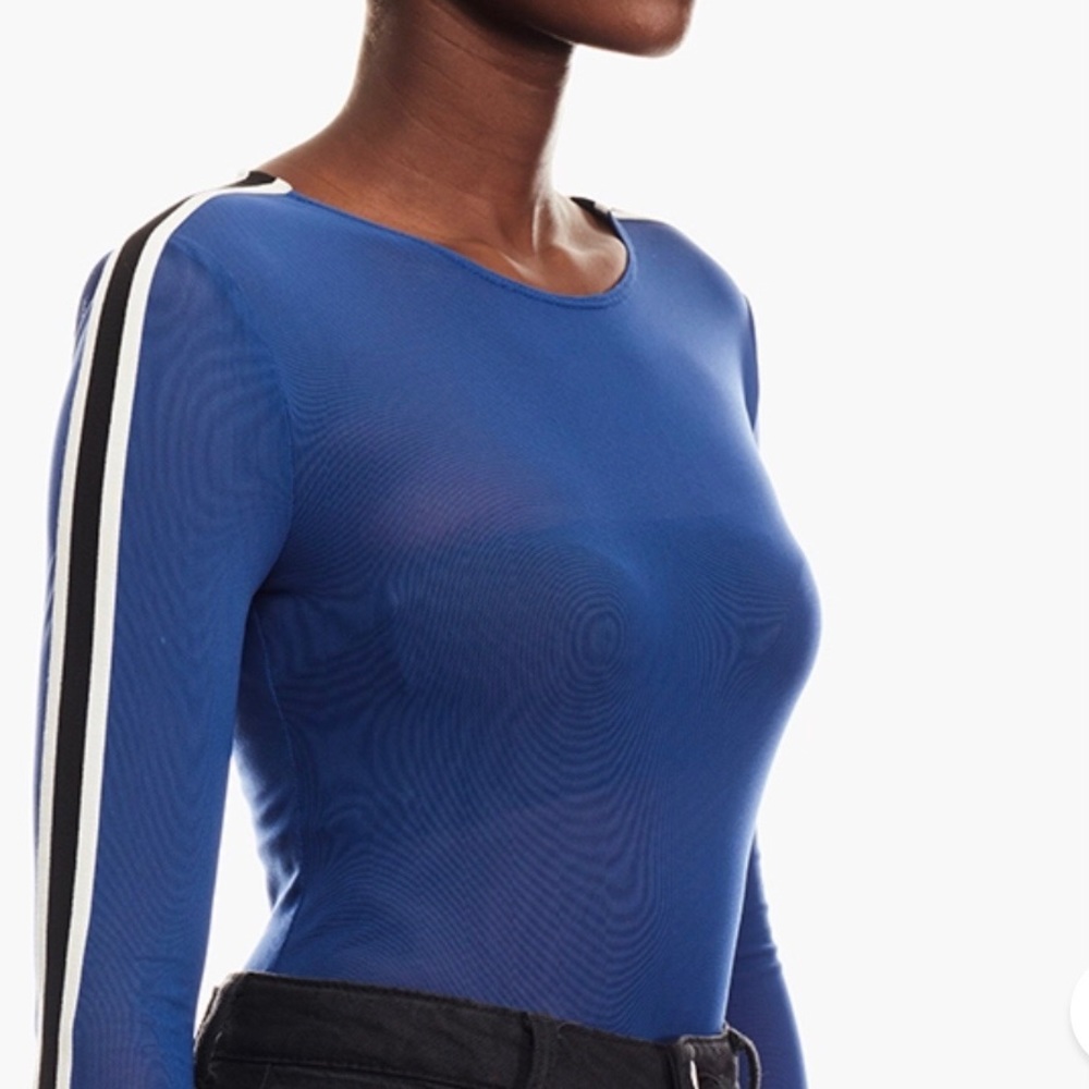 FOREVER 21 Sheer Royal Blue Long Racing Stripe Sleeves Risqué One Piece Bodysuit